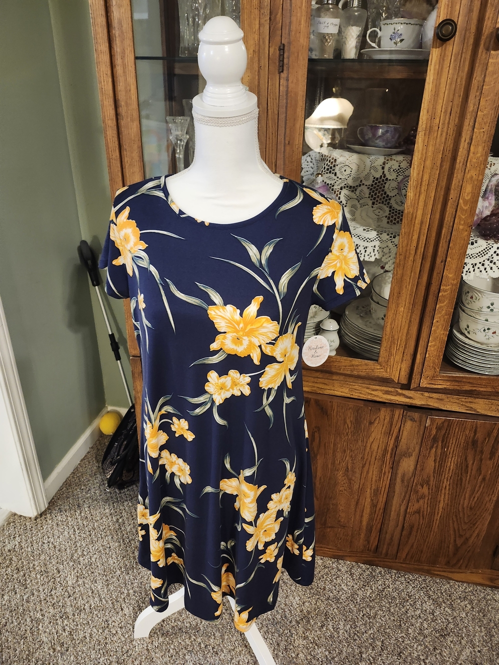 Navy Floral Short-Sleeve A-Line Dress - Yellow Flower Print